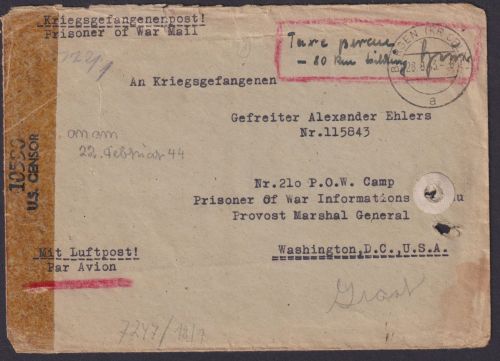 Kriegsgefangenenpost Zensur Brief USA Washington ab Bergen Celle Hannover