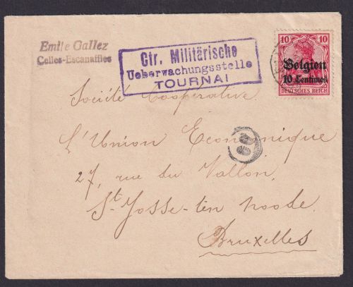 Militaria viol. R3 Tournai Belgien Zensur Brief Besetzung und kleiner K1 60