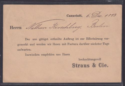 Cannstatt Württemberg Berlin Auftragsbestätigung Privatganzsache bzw. Zudruck