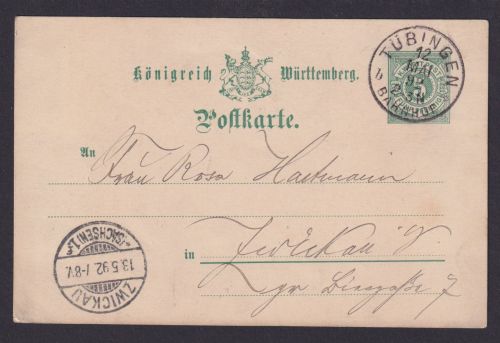 Altdeutschalnd Württemberg K1 Tübingen Bahnhof Ganzsache Bahnpost Zwickau