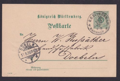 Altdeutschland K1 Esslingen Königreich Baden Württemberg Ganzsache Bahnpost