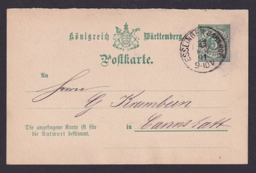 Esslingen Bahnhof Königreich Württemberg Antwort Ganzsache Bahnpost Cannstatt
