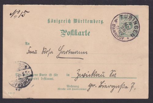 Altdeutschalnd K1 Tübingen Bahnhof Württemberg Ganzsache Bahnpost Zwickau