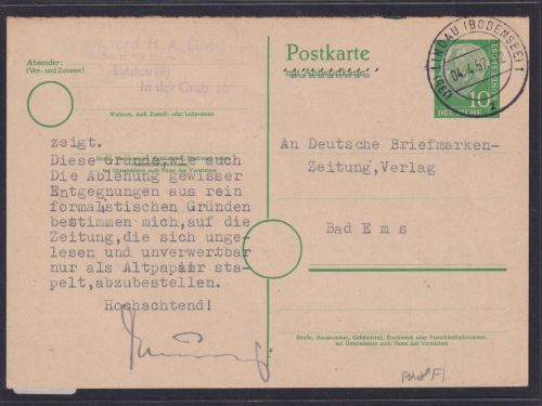 Bund Ganzsache P 28 F Lindau Bodensee nach Bad Ems