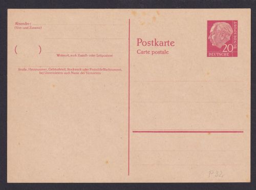 Bund Ganzsache Heuss 20 Pfg. P 32 Kat.-Wert 35,00