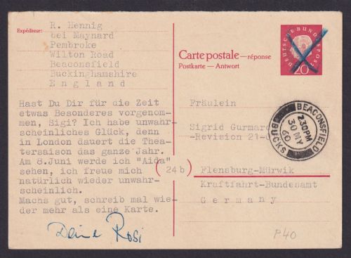 Buckinghamshire England Bund Ganzsache Heuss P 40 A Flensburg Mürwick Schleswig