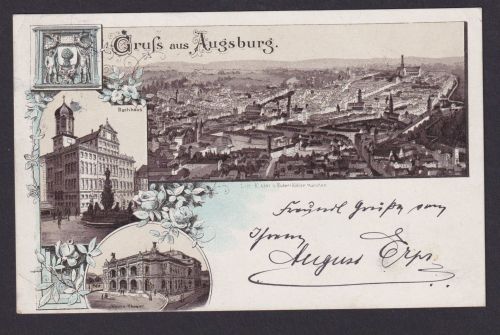 Vorläufer Ansichtskarte Augsburg Bayern Rathaus Theater nach Frankfurt 20.5.1891