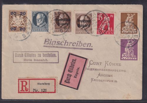 Altdeutschland Bayern Eilboten Einschreiben Brief Starnberg Aachen Marken dekor.