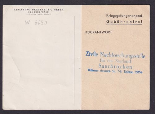 Homburg Ansichtskarte Saar Kriegsgefangenenpost Reklame Karslberg Brauerei