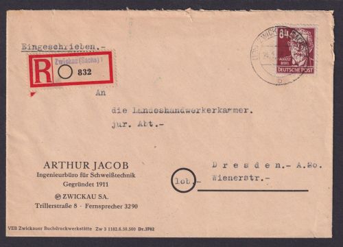 SBZ Zwickau Sachsen EF 227 Persönlichkeiten R Brief Not R-Zettel Reklame Arthur
