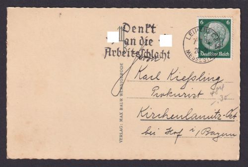 Leipzig Deutsches Reich selt. SST Denk a.d. Arbeitsschlacht auf Künstler