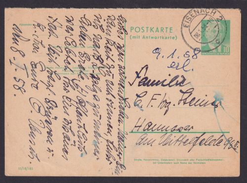 DDR Ganzsache P 70 F Antwort Pieck Eisenach Thüringen Hannover Niedersachsen
