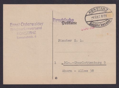 Konstanz Gebühr bezahlt Ganzsache Philatelie Ernst Osterwalder Briefmarken -