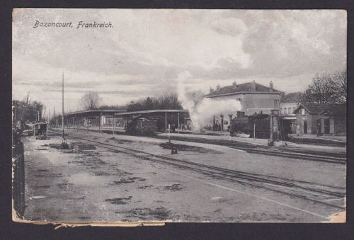Ansichtskarte Bazancourt Frankreich Bahnhof Dampflock Feldpost 242. Regiment