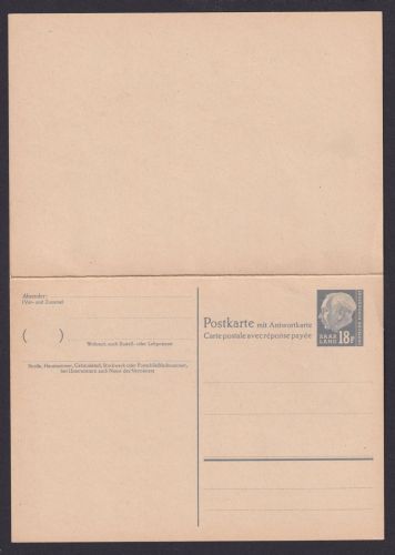 Saarland Ganzsache P 52 18 F. Heuss frage & Antwort Luxus 1957 Kat.-Wert 20,00