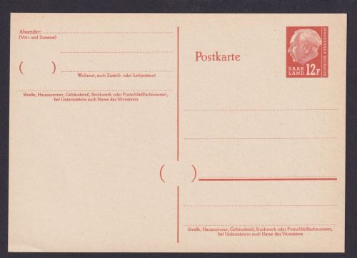 Saarland Ganzsache P 47 12 F. Heuss Luxus Ausgabe 1957