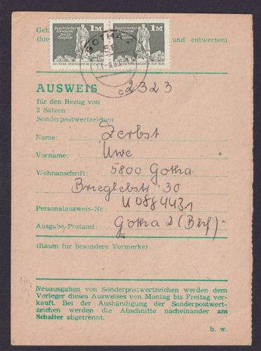 DDR Ostalgie Ausweis MEF 1 Mark Aufbau Bezug Sonderpostwertzeichen DDR Gotha