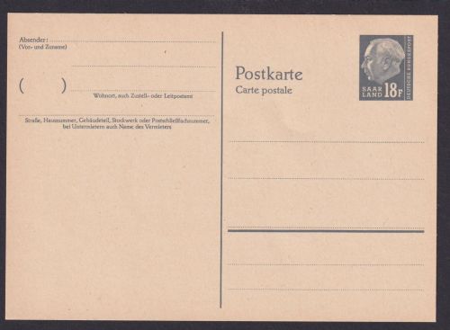 Saarland Ganzsache P 49 18 F. Heuss Luxus Ausgabe 1957 Kat.-Wert 14,00