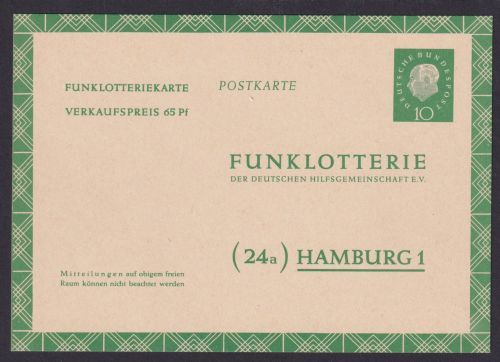 Bund Ganzsache Funklotterie FP 7 b Heuss III Medaillion 10 Pfg. Luxus Kat.15,00