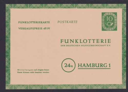 Bund Ganzsache Funklotterie FP 4 Posthorn 10 Pfg. Luxus Kat.-Wert 26,00