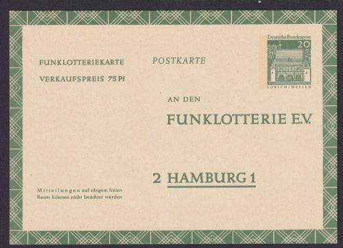 Bund Ganzsache Funklotterie FP 13 Bauwerke 20 Pfg. Lorsch Hessen Luxus