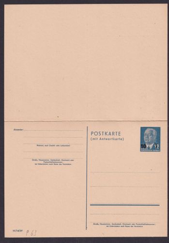 DDR Ganzsache P 63 Pieck Frage & Antwort Luxus Kat.-Wert 30,00