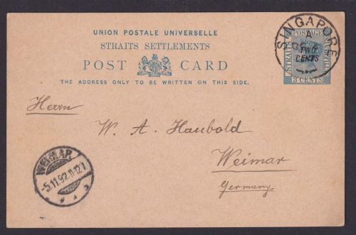 Straits Settlements Ganzsache Singapur Asien Aufdruck 2cent auf 3 Cent Weimar