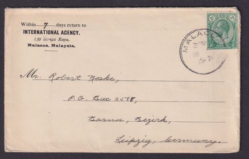 Straits Settlements Malacca Malaysia Asien Brief Bornau Leipzig Sachsen