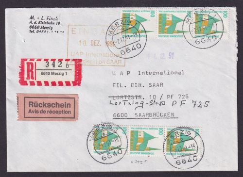 Bund R Brief Rückschein MEF 1406 mit schw. Nr 215 SWK Merzig R Brief Saarbrücken