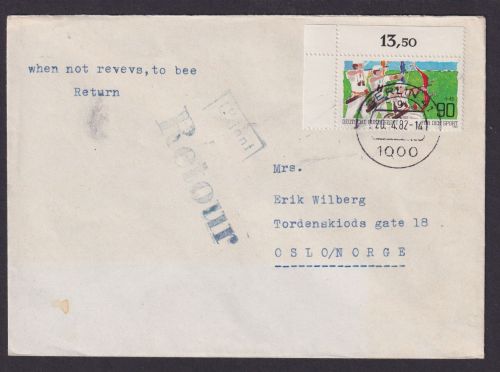 Bundesrepublik Berlin Brief Bogenecke Eckrand EF 1128 Oslo Norwegen Retour