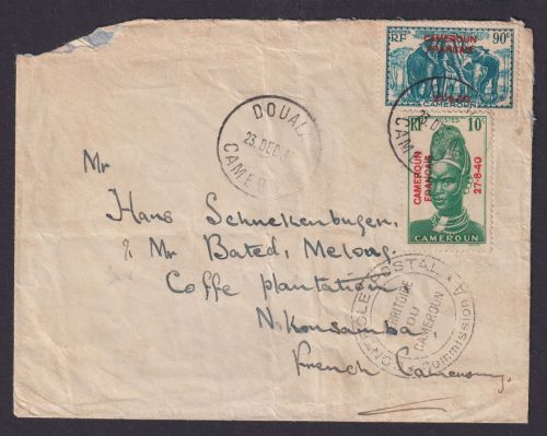 Kamerun Frankreich Brief MIF 90c Elefanten Tiere Aufdruckmarken Douala