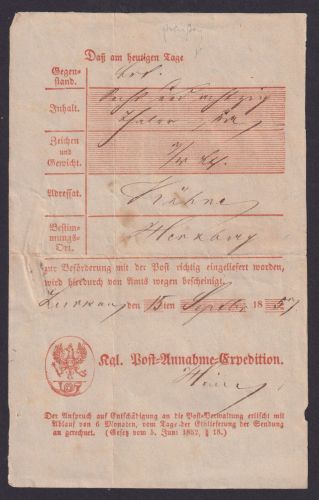 Altdeutschland Preussen Postschein Kgl. Post Annahme Expedition Luckau an Kühne