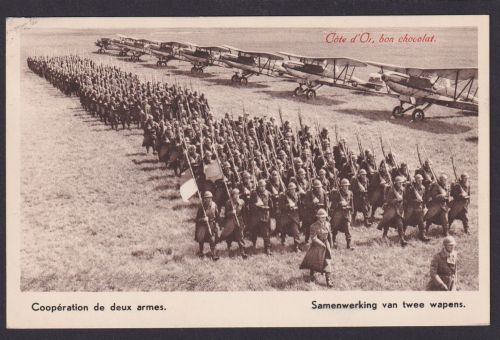 Belgien selt. Ansichtskarte Soldaten Flugzeuge Reklame Cote s'Or Schokolade
