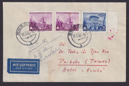 DDR Brief Leipzig Messe 447-448 Destination Berlin Pankow Taihoku Taiwan mit
