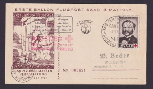 Saar Erste Ballon Flugpost Henri Dunant mit Bestätigungsstempel + SST Philatelie