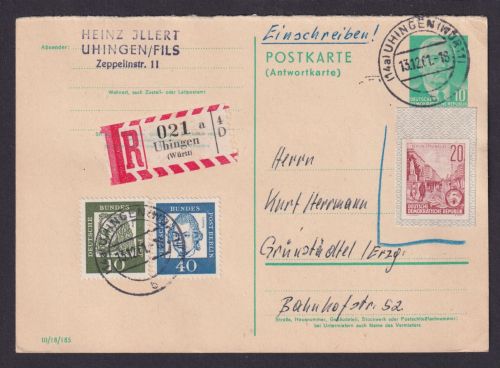 DDR Einschreibe Ganzsache P 70 IA + GAA Ganzsachenausschnitt Uhingen Württemberg