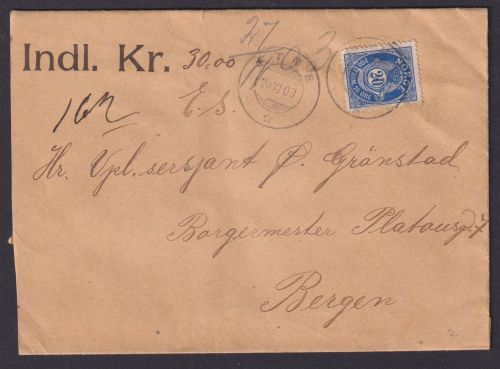 Norwegen Wert Brief EF 20ö Posthorn Etne Bergen mit 2 intakte Wachssiegel KM