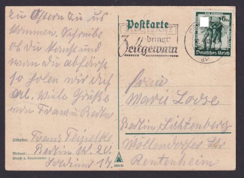Berlin Lichtenberg Deutsches Reich Postkarte SSt Reichspost bringt Zeitgewinn