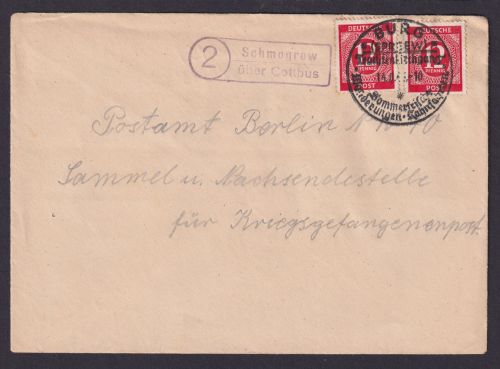 Schmogrow über Cottbus Brandenburg Brief All. Besetzung Landpoststempel Burg