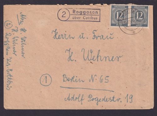 Roggosen über Cottbus Brandenburg Brief All. Besetzung Landpoststempel n. Berlin