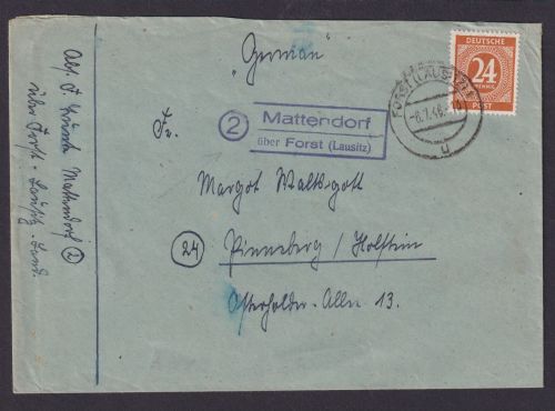 Mattendorf über Forst Lausitz Brandenburg Brief All. Besetzung Landpoststempel