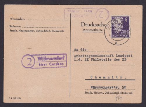 Willmersdorf über Cottbus Brandenburg DDR Postkarte Landpoststempel n. Chemnitz