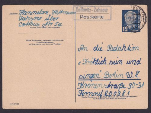 Kolkwitz Zahzow über Cottbus Brandenburg DDR Ganzsache Landpoststempel n. Berlin
