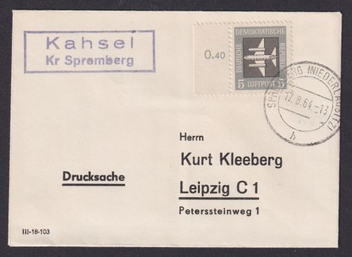 Kahsel Kreis Spremberg Brandenburg DDR Brief Drucksache Bogenrand n. Leipzig