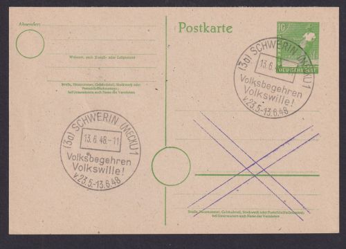 All. Besetzung Ganzsache SST Schwerin Volksbegehren Volkswille rs. DDR 245 Tag