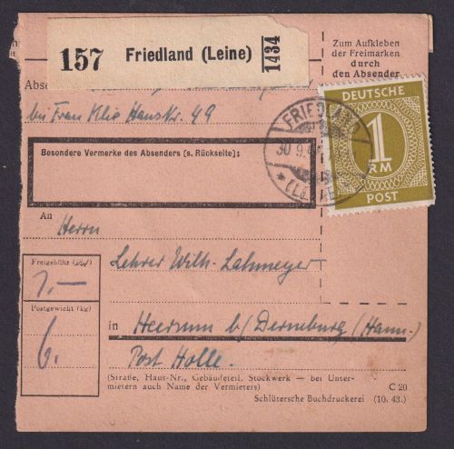 All. Besetzung EF 937 1 Mark Ziffer Friedland nach Hernum auf Paketkarte mit