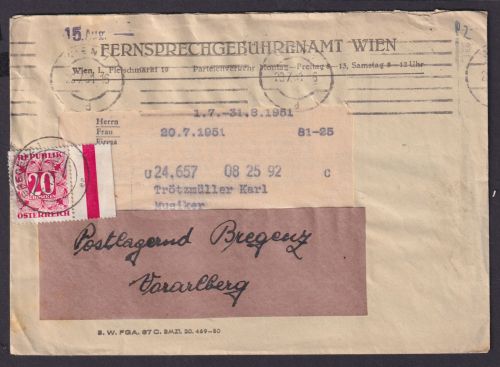Österreich R Brief EF Porto P 238 Wien nach Bregenz als Nachporto 1951