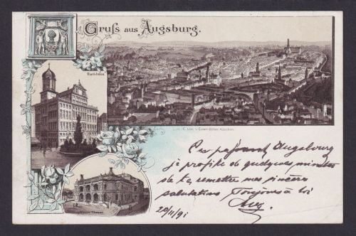 Augsburg Bayern selten frühe Vorläufer Litho Ansichtskarte Frankfurt 20.11.1891
