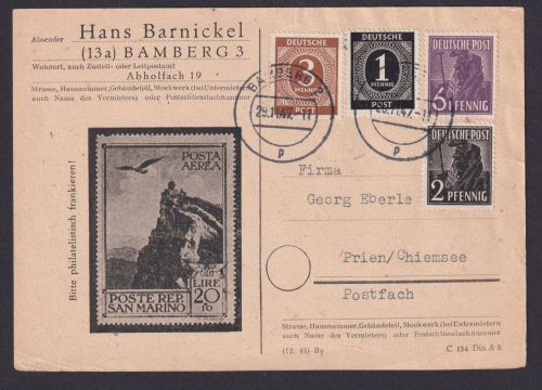 All. Besetzung MIF 1+2 Kontrollrat Postkarte Bamberg n. Prien Chimsee Philatelie