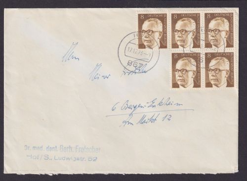Berlin Brief MEF 360 8 Pfg. Heinemann Viererblock Hof Bergen Enkheim Fünferblock